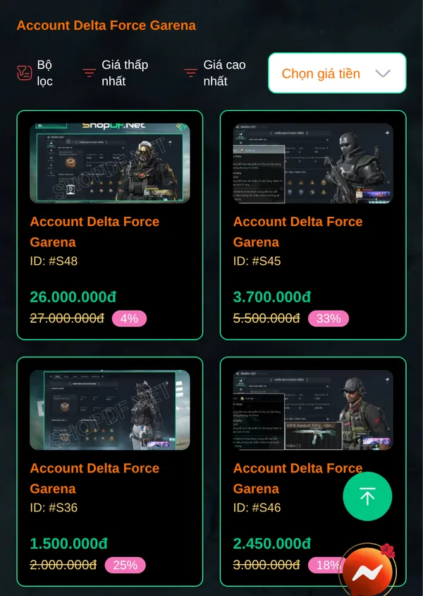Bước 1: danh mục Acc Delta Force Garena trên shopdf.net Bước 1: danh mục Acc Delta Force Garena trên shopdf.net