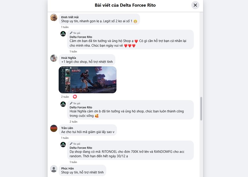 Có feedback thật từ khách hàng khi mua acc Delta Force